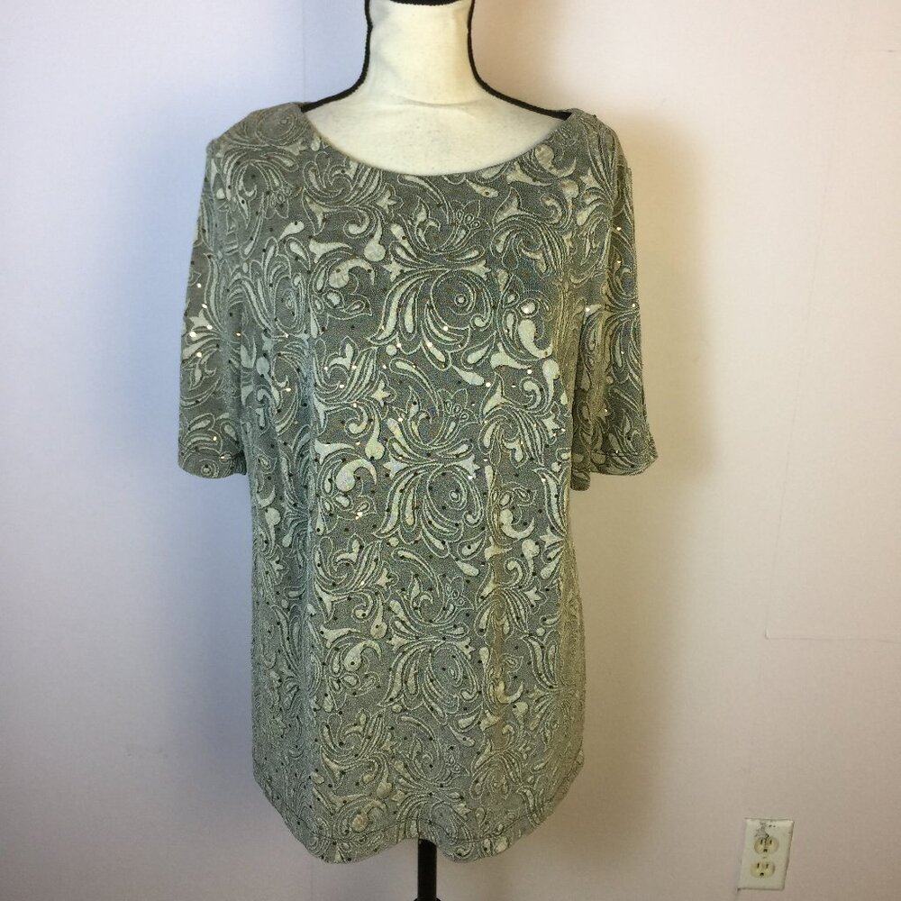 CB Established 1962 Blouse Top 1X Womans Plus Gray Paisley Knit Sequin Stretch